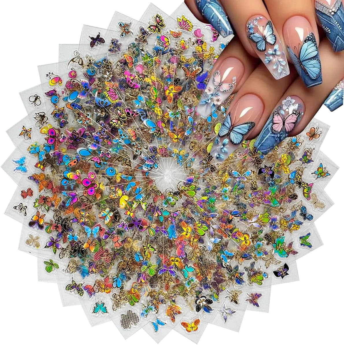 30 Sheets Butterfly Nail Art Stickers 3D Self-Adhesive Colorful Butterfly Nail Decals Cute Nail Accessories for Women Girls DIY Acrylic Nail Art Decorations