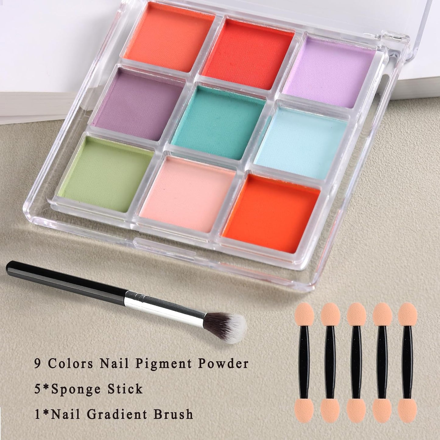 9 Colors Nail Pigment Palette Gradient Ombre Nail Powder Set for DIY Manicure Beginners - Perfect Nail Design with Ultra Fine Powder - Includes 5 Sponge Sticks 1 Brush #06
