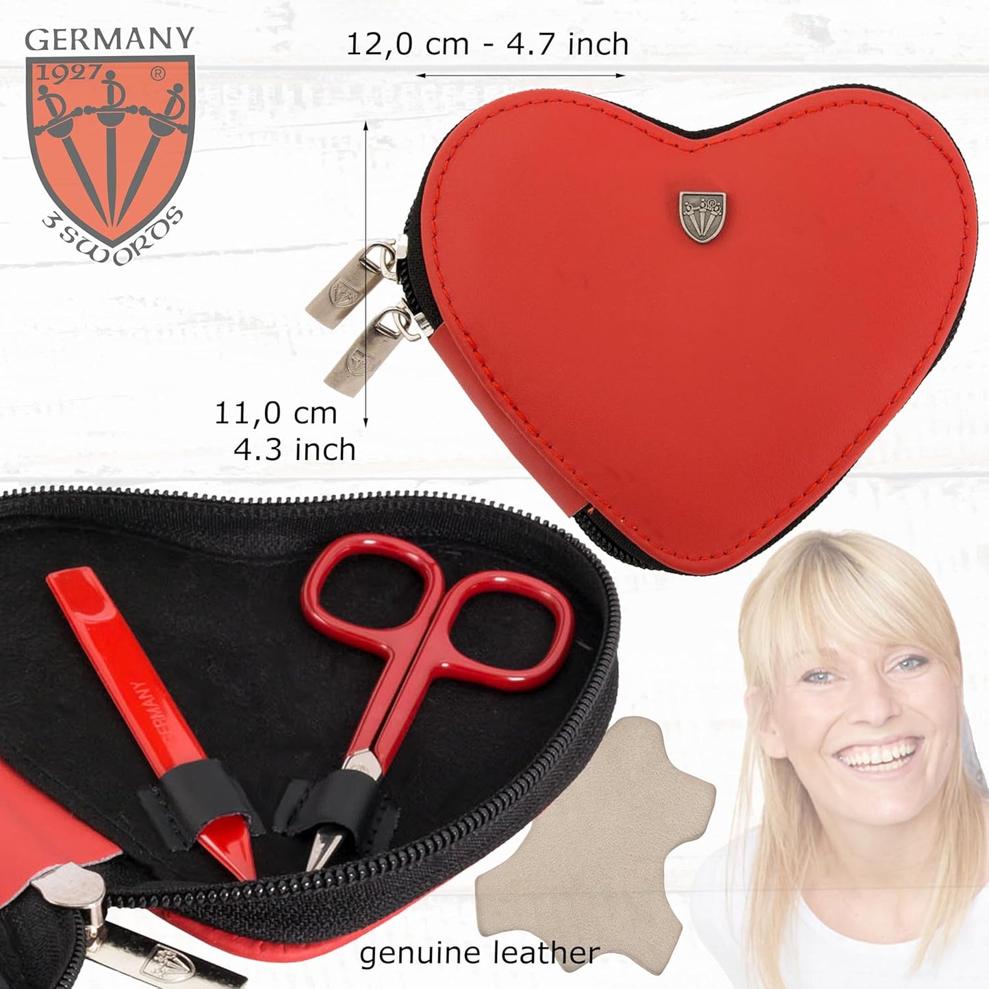 3 Swords Germany - brand quality 5 piece manicure pedicure grooming kit set for professional finger & toe nail care tweezers file clipper genuine leather case in gift box, Made by 3 Swords (03898)
