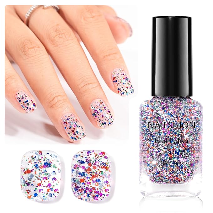 Fast Dry Nail Polish, Multicolor Glitter Purple Blue Red Sparkle Fingernail Polish, No UV Lamp Needed, Vegan, Long Lasting Gradient Nail Art DIY Home Travel Manicure Gift