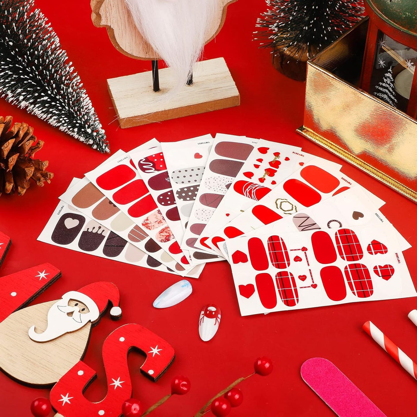 140 Pcs 10 Sheets Valentine's Day Full Wrap Nail Stickers Polish Strips Gradient Stickers Glitter Self Adhesive DIY Art Decals Strips with 2 Pcs Nail Files for Valentine Decor (Sweet Style)