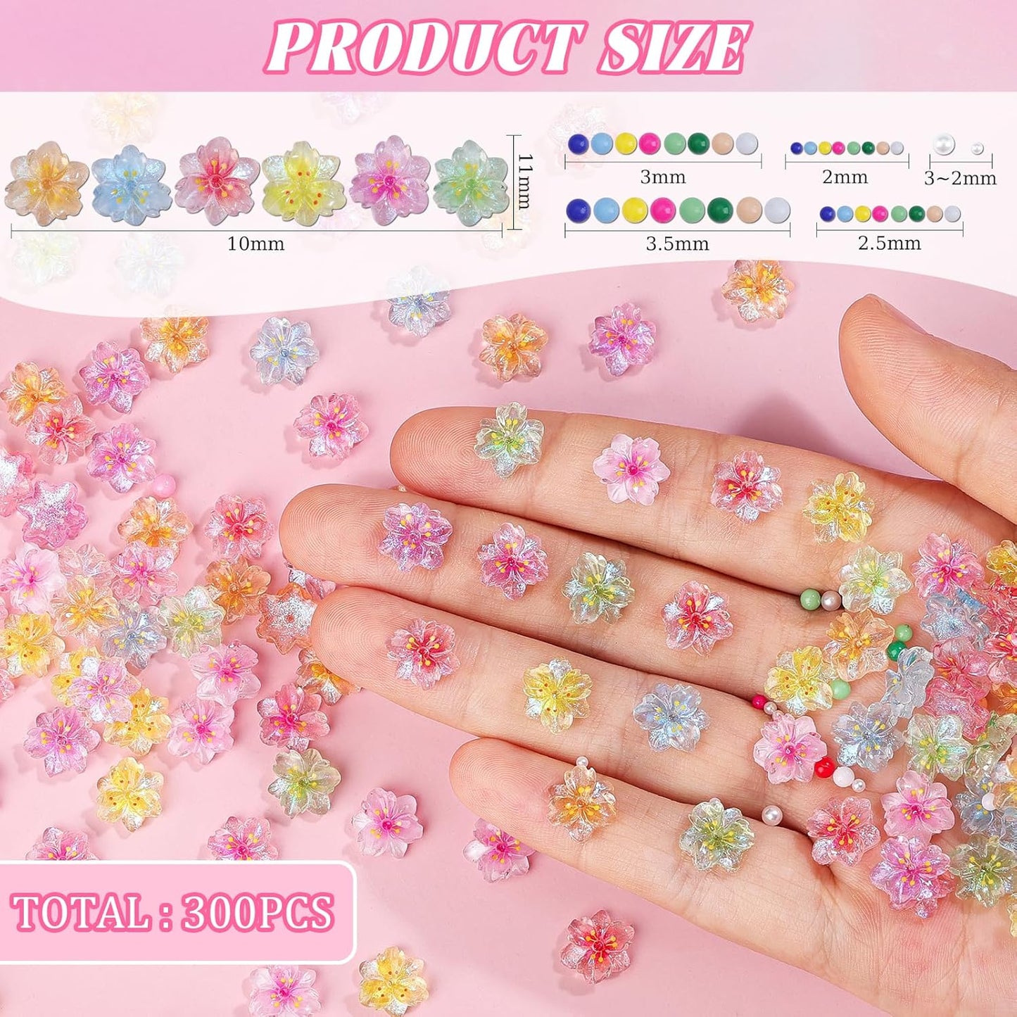 300Pcs Flower Nail Charms Kit, 100Pcs 3D Resin Cherry Nail Charms and 100Pcs Pearls with 100Pcs Macaron Beads, Colorful Hibiscus Floral Tiny Gems Round Beads for Women Manicure Craft DIY