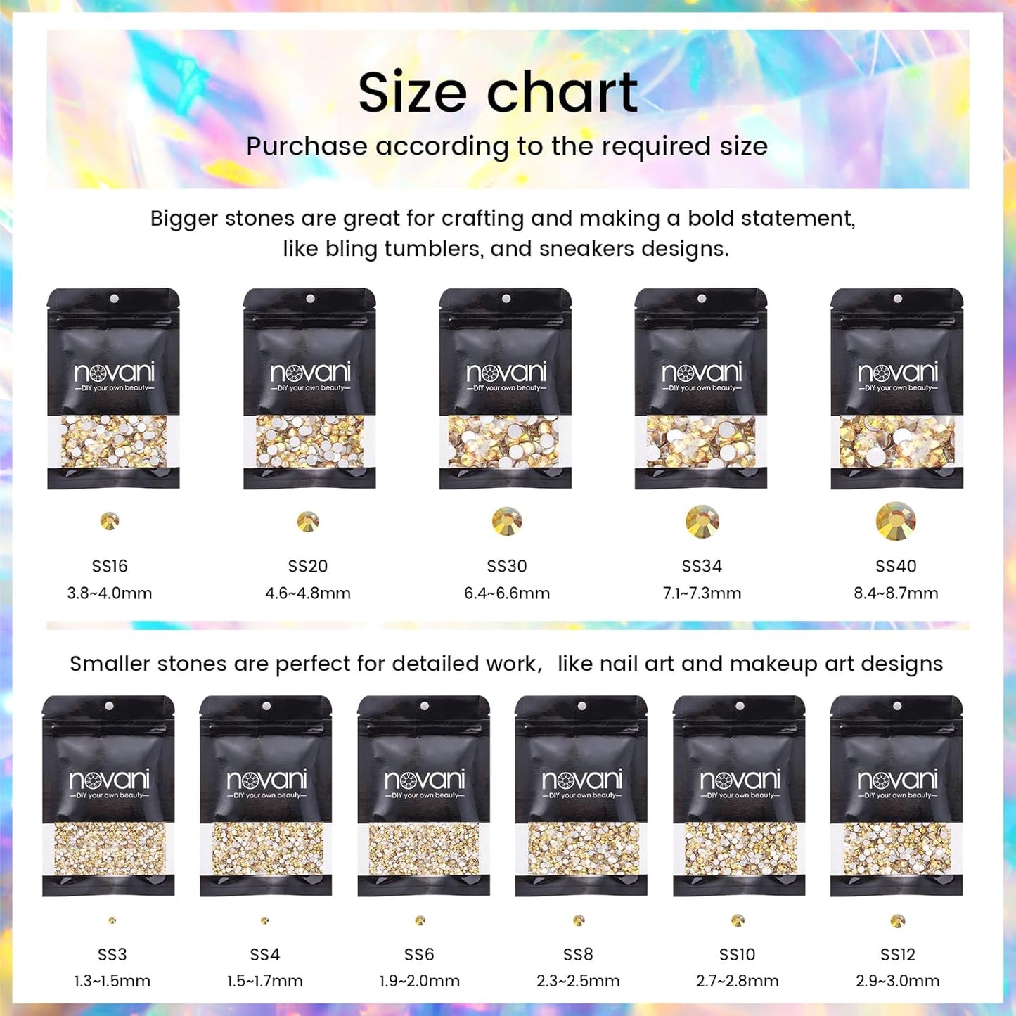 Novani Rhinestones 288Pcs Flatback Crystal Round Loose Gemstones Glass Rhinestones for Crafts Makeup Nail Art Clothes Shoes DIY Decorations(SS30,6.4-6.6mm,MetalSunlight)