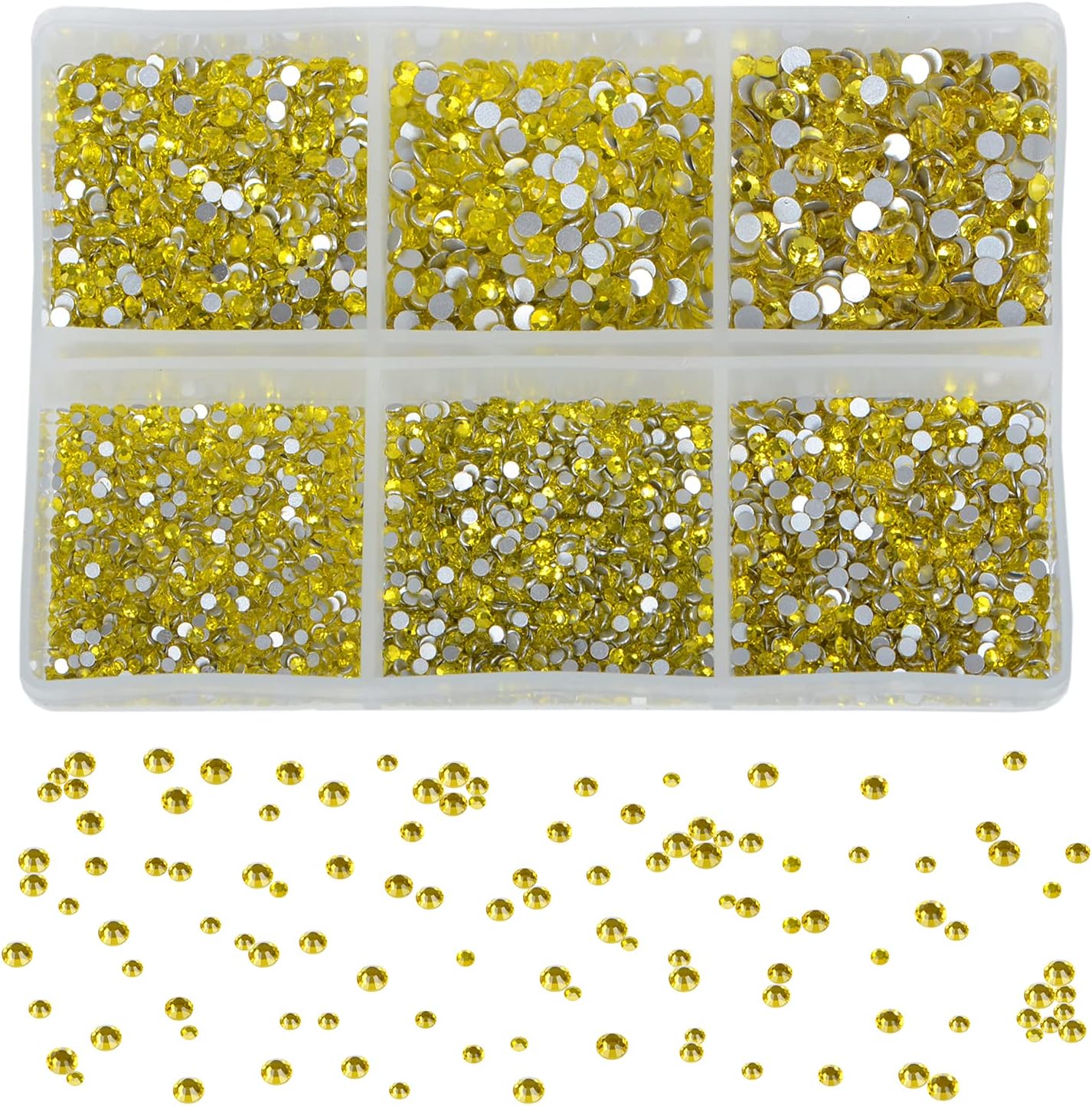 Bymitel 7200 Pieces 6 Mixed Sizes Glue Fix on Glass Rhinestones Round Crystal Gems Flatback for DIY Jewelry Making with one Picking Pen (6-Sizes 7200PCS, Citrine)