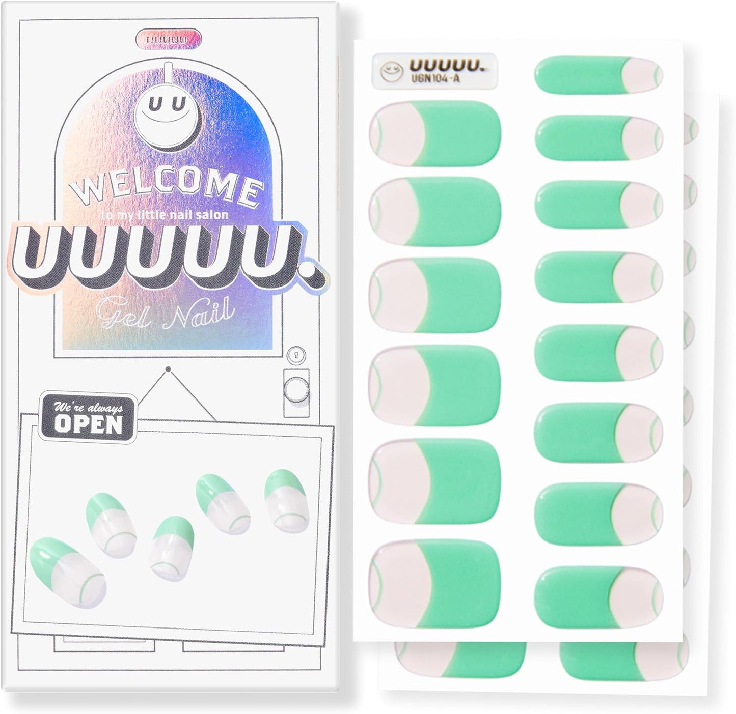 UUUUUU Semi Cured Gel Nail Strips | Salon-Quality | UV Free Gel Nail Wraps for Women | Easy Peel&Stick | Long-Lasting up to 14 Days | 28 Strips Set+File & Wipes | Gift-Ready (UGN104 Mint French)