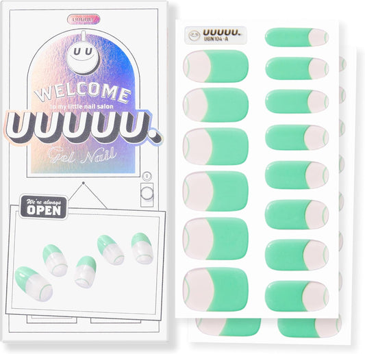UUUUUU Semi Cured Gel Nail Strips | Salon-Quality | UV Free Gel Nail Wraps for Women | Easy Peel&Stick | Long-Lasting up to 14 Days | 28 Strips Set+File & Wipes | Gift-Ready (UGN104 Mint French)