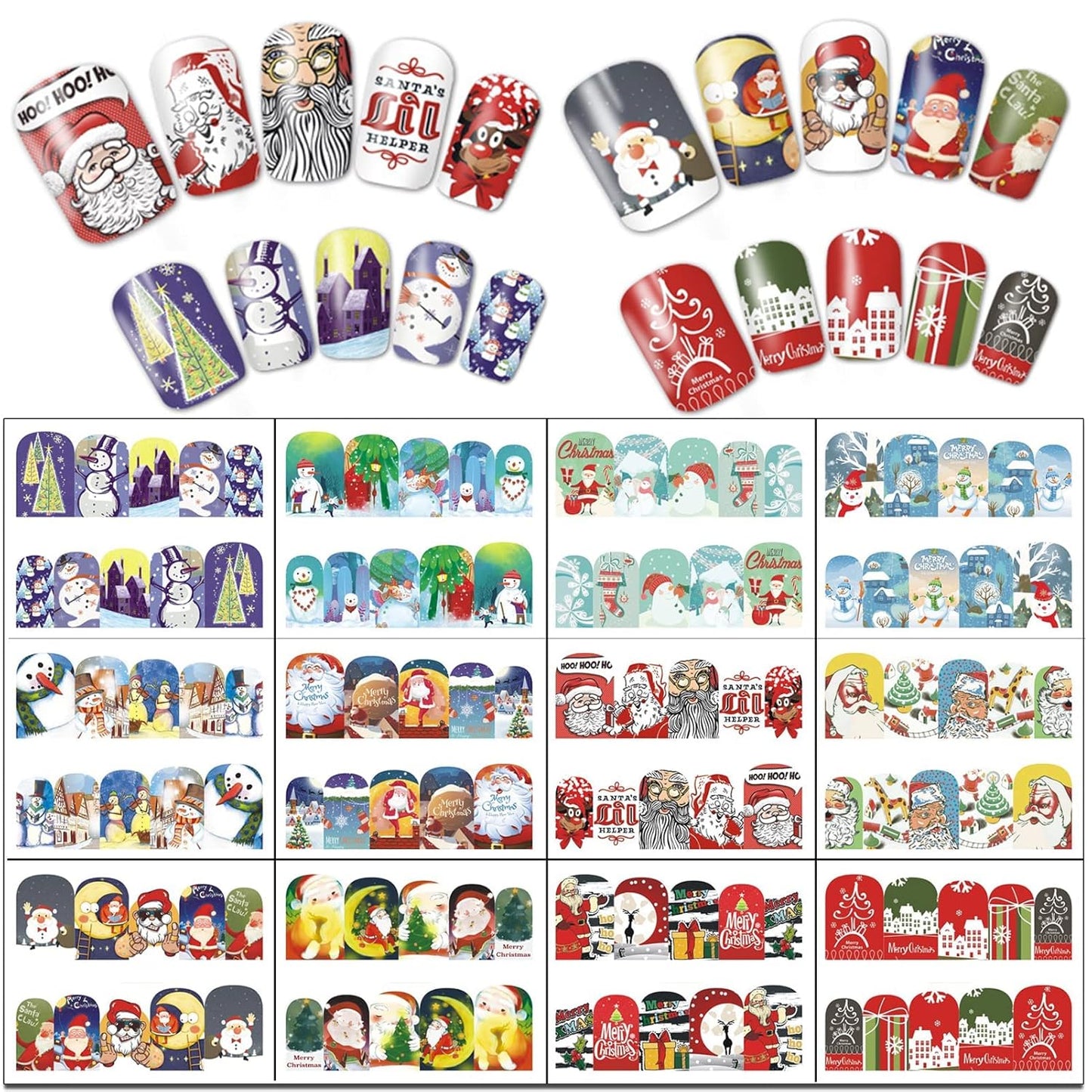 TailaiMei 60 Sheets Christmas Nail Stickers, Water Transfer Decals, Winter Full Nail Wraps Nail Art Decorations, Design for Santa Claus Snowflake Snowman (1028 Pcs)