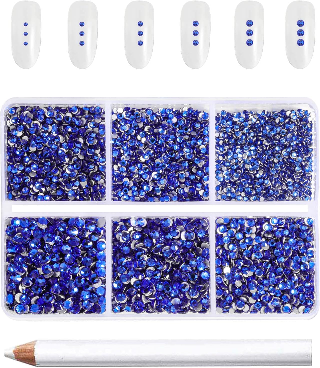 Beadsland 7200pcs Flatback Rhinestones,Royal Blue Rhinestone Nail Gems Round Crystal Rhinestones for Crafts,Mixed 6 Sizes with Wax Pencil Kit, SS3-SS10,Sapphire