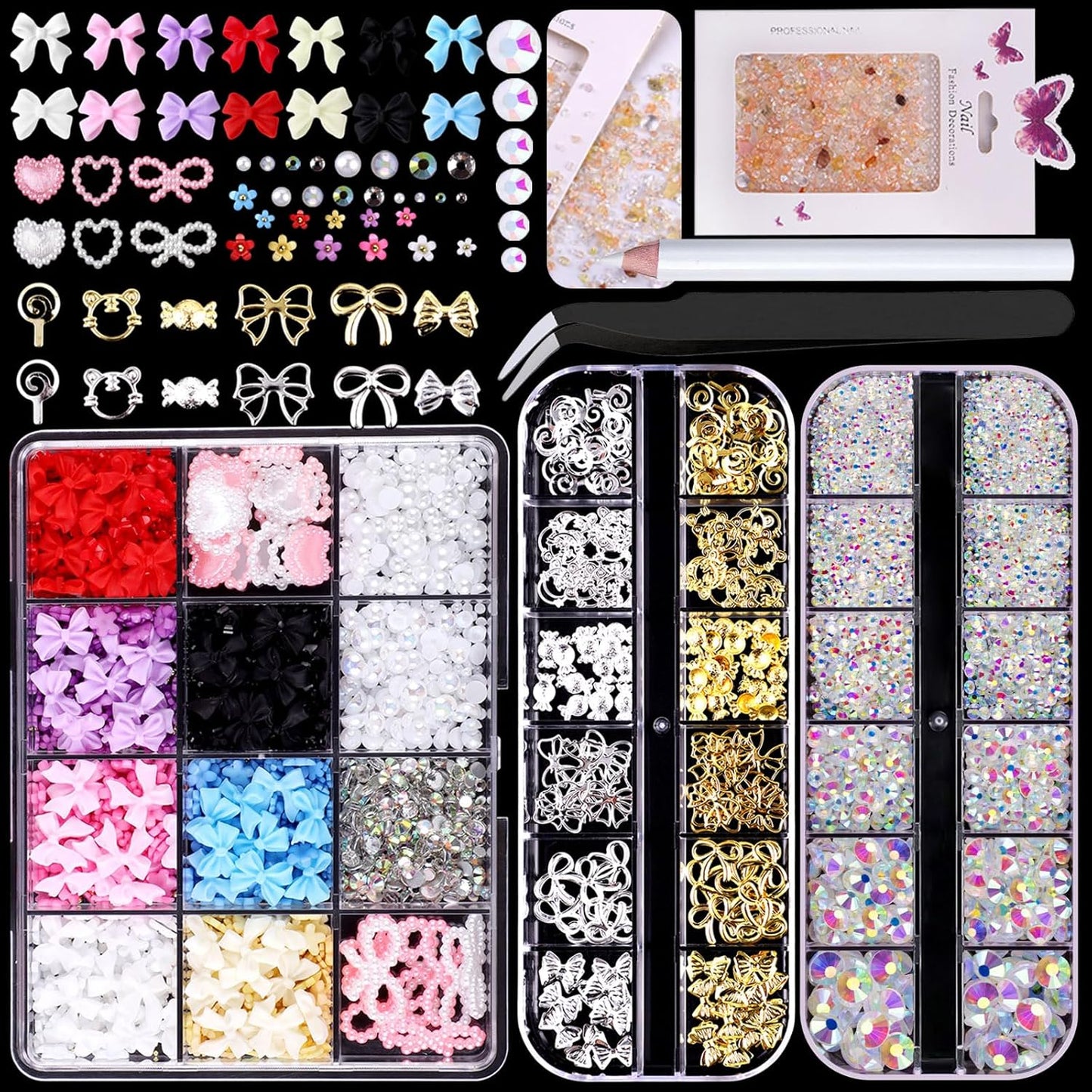 3D Nail Charms and Gems Kit, Color Candy Bow Star Heat Nail Art Charms,Flatback Gems+Gold Bow Nail Studs+Gravel Diamond,Mixed Nail Rhinestones Manicure Kit Nail Art DIY Decoration