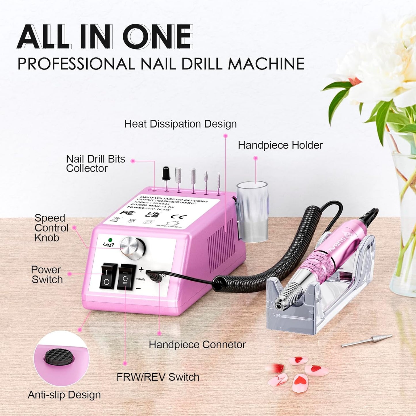 Subay 30000RPM Professional Nail Drill Machine for Acrylic Nails, Gel Nail, Nail Art Polisher Sets with 6 Bits Easy Build-in Bit Holder Twist Lock Changing Bit