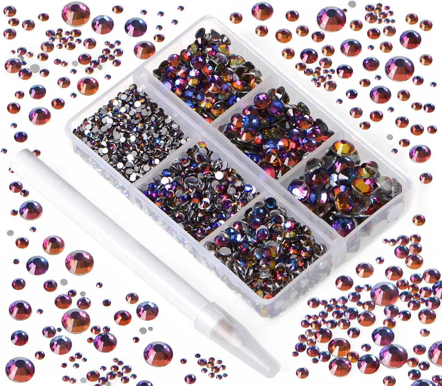 Bymitel 5000 Pieces 6 Mixed Sizes Glue Fix on Glass Rhinestones Round Crystal Gems Flatback for DIY Jewelry Making with one Picking Pen(6-Sizes 5000PCS, Blue Volcanic)