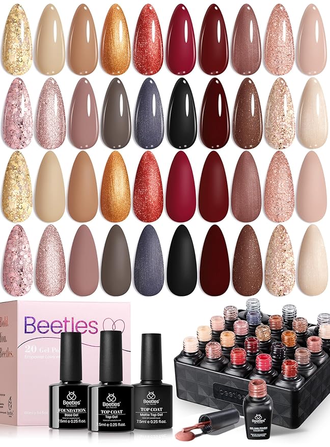 Beetles Gel Nail Polish Set - 20 Colors Warm Mist Fall Gel Nail Kit Burgundy Brown Nude Gold Glitter Gray Shimmer Soak Off Long Lasting Base&Top Coat Uv Led Home DIY Salon Nail Art Gift Set for Women