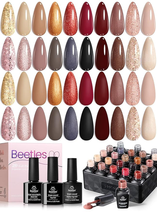 Beetles Gel Nail Polish Set - 20 Colors Warm Mist Fall Gel Nail Kit Burgundy Brown Nude Gold Glitter Gray Shimmer Soak Off Long Lasting Base&Top Coat Uv Led Home DIY Salon Nail Art Gift Set for Women