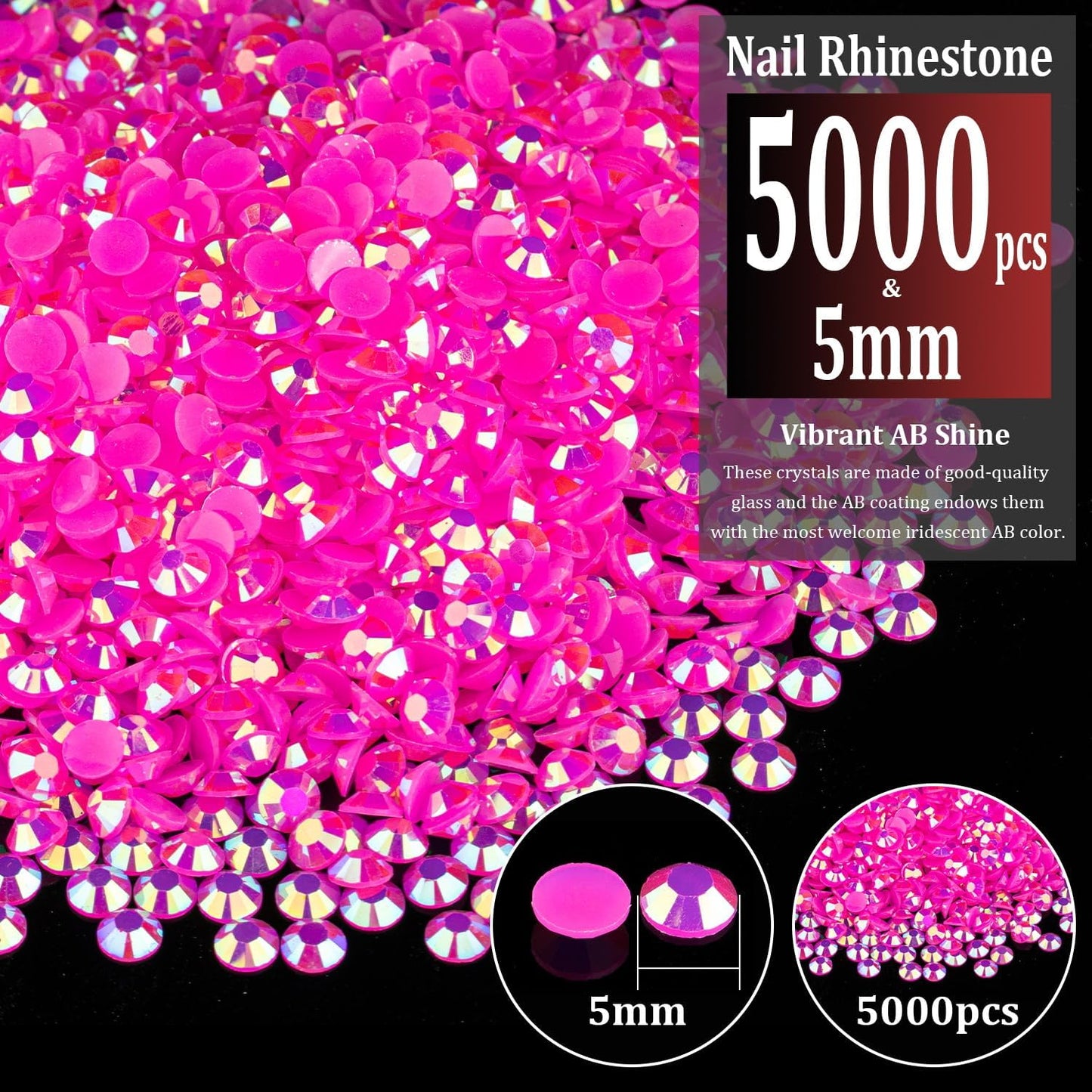 5000pcs 5mm Resin Rhinestones Bulk, Hot Pink AB Flatback Round Jelly Rhinestones Bedazzling Non Hotfix Crystal Gems Large Quantity Wholesale for DIY Crafts Clothes Tumblers Face Makeup Manicure