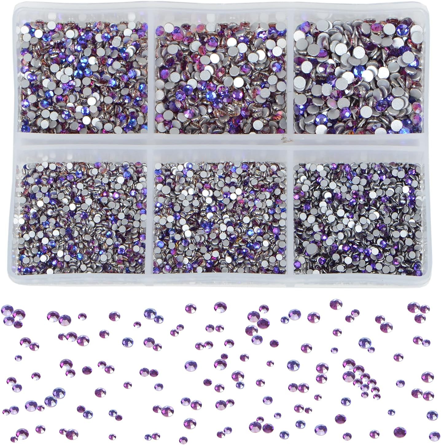 Bymitel 7200 Pieces 6 Mixed Sizes Glue Fix on Glass Rhinestones Round Crystal Gems Flatback for DIY Jewelry Making with one Picking Pen(6-Sizes 7200PCS, Purple Velvet)