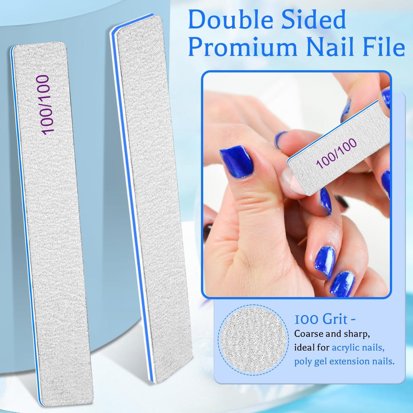 BLESWIN 25PCS Nail File Professional, 100/100 Grit Nail Files Reusable for Acrylic Nail, Double Sided Nail File for Fake Nail, Suitable for Nail Tech or Pet