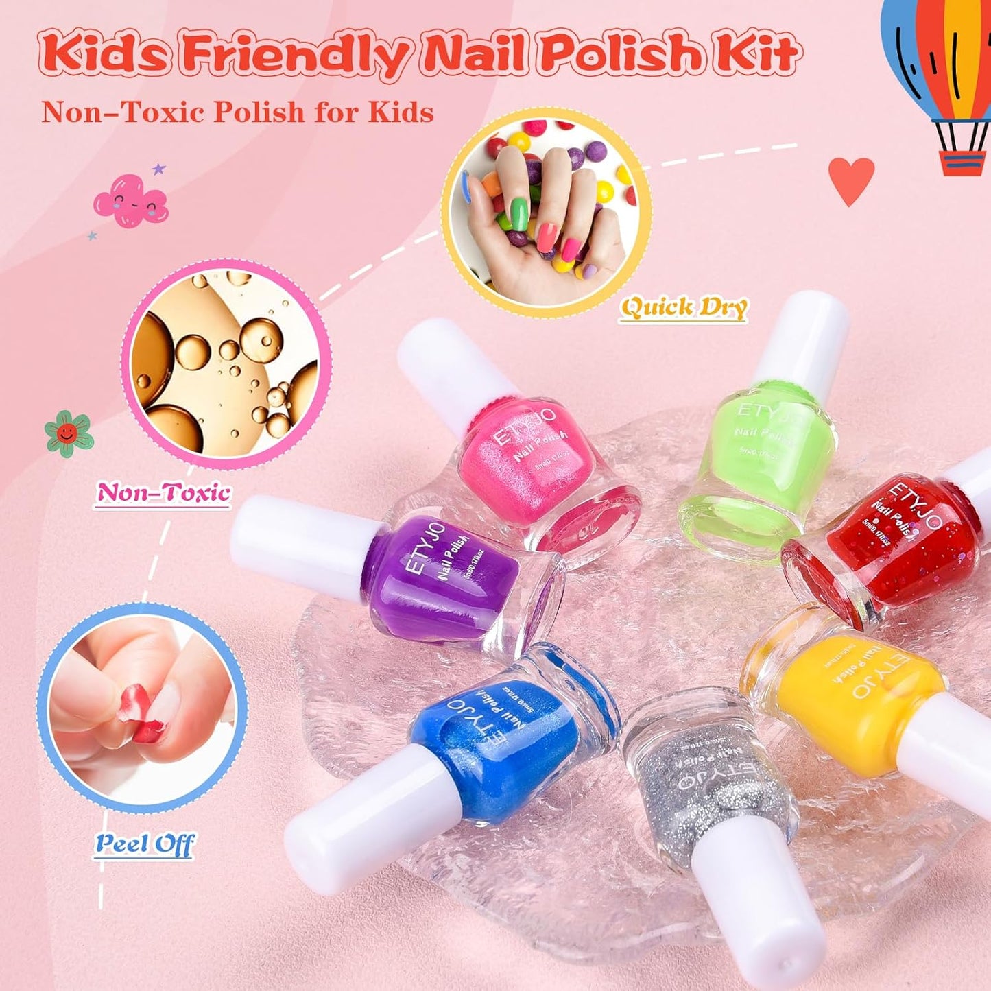 Kids Nail Polish - 100% Non Toxic Peel - Off Water-Based Quick Dry Nail Polish for Toddler 7 Candy Colors With Sticker for Girls Ages 3+