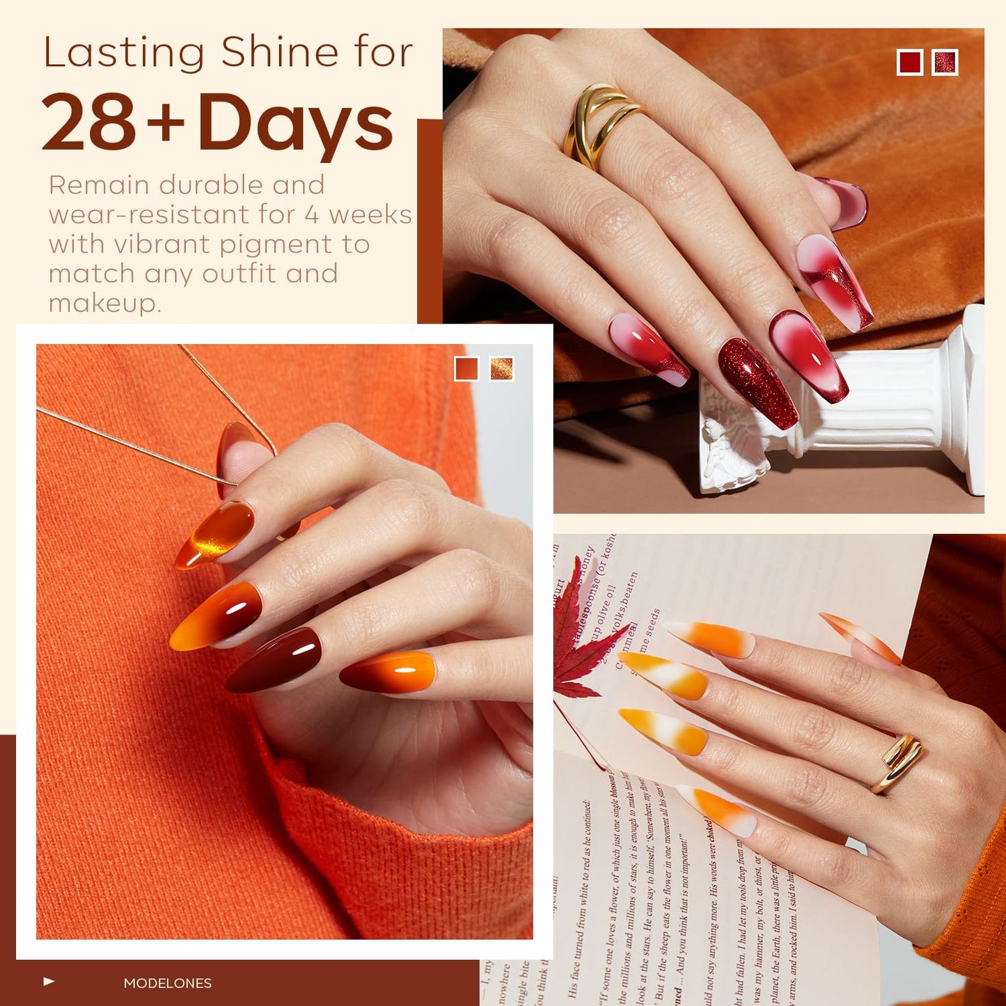 modelones 32 PCS Fall Gel Nail Polish Set, 28 Colors Gel Polish with No Wipe Base Coat, Glitter & Glossy & Matte Top Coat Yellow Orange Brown Nude Glitter Soak Off LED Nail Art Kit Salon at Home