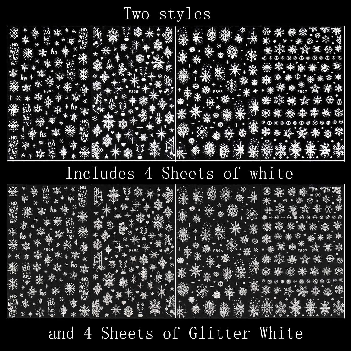 8 Sheets Christmas Nail Art Stickers Decals Self-Adhesive Holiday White Snowflakes Winter Nail Supplies Nail Art Design Decoration Accessories