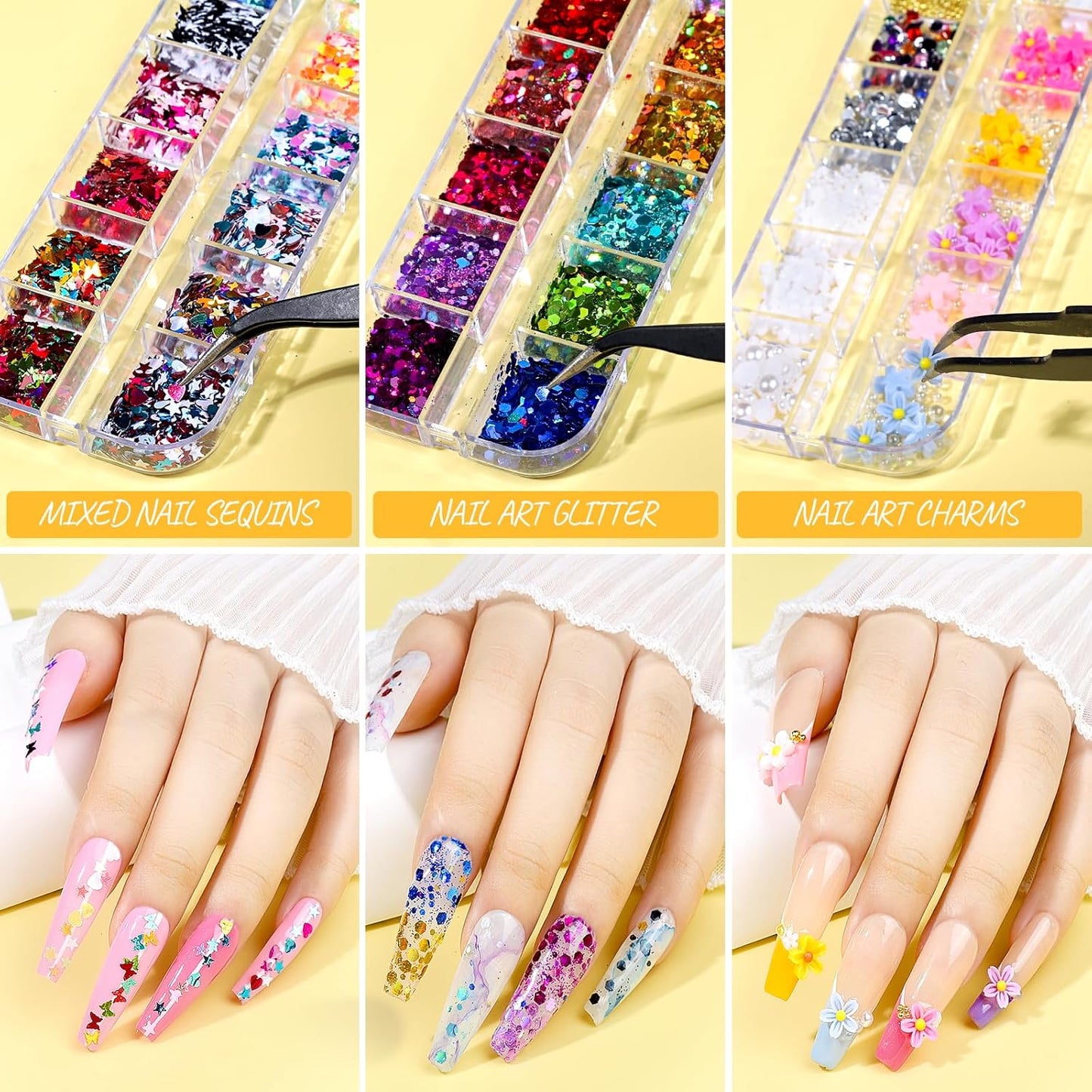 Teenitor Press On Nail Kit - Clear Coffin Nail Tips, Art Brushes, Dotting Pen, Glitter, Stickers & Rhinestones