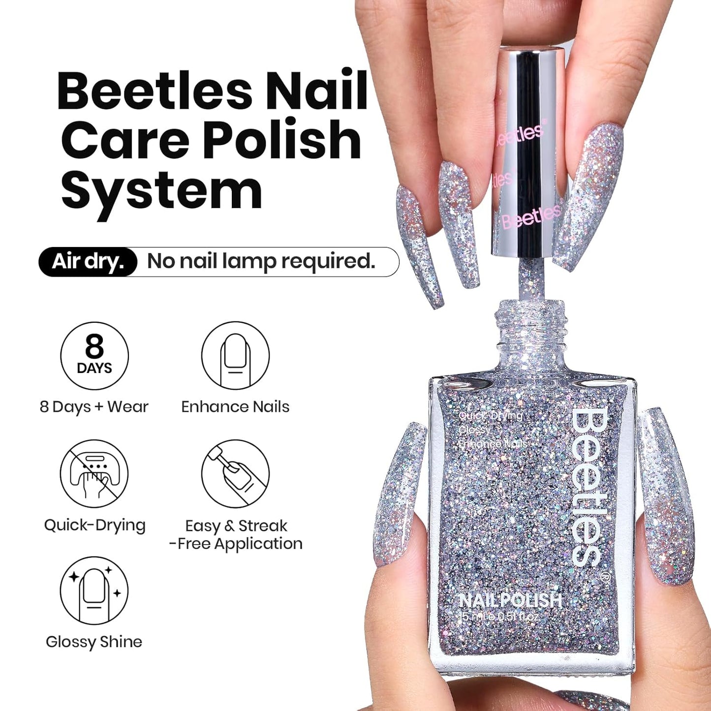Beetles Silver Glitter Nail Polish, 1Pcs 15ml Silver Color Sparkle Nail Polish Quick Dry, Holographic Nail Lacquer Art Effect for Nail Salon DIY at Home, Nail Art Design for Women