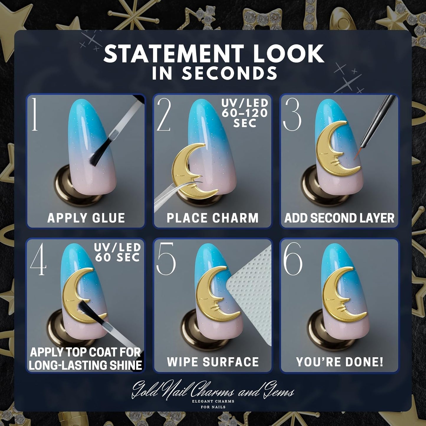 110 Pcs Gold Nail Charms and Gems – Complete Art Kit with Gold Star Nail Charms, Planets, Moon, Crosses & Rocket – Designed for Creating Detailed, Custom Designs with Easy Application