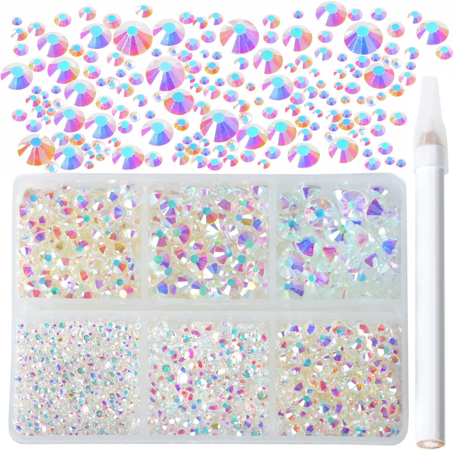 Bymitel 5000 Pieces 6 Mixed Sizes Glue Fix on Glass Rhinestones Round Crystal Gems Flatback for DIY Jewelry Making with one Picking Pen(6-Sizes 5000PCS, Starry Meteor)