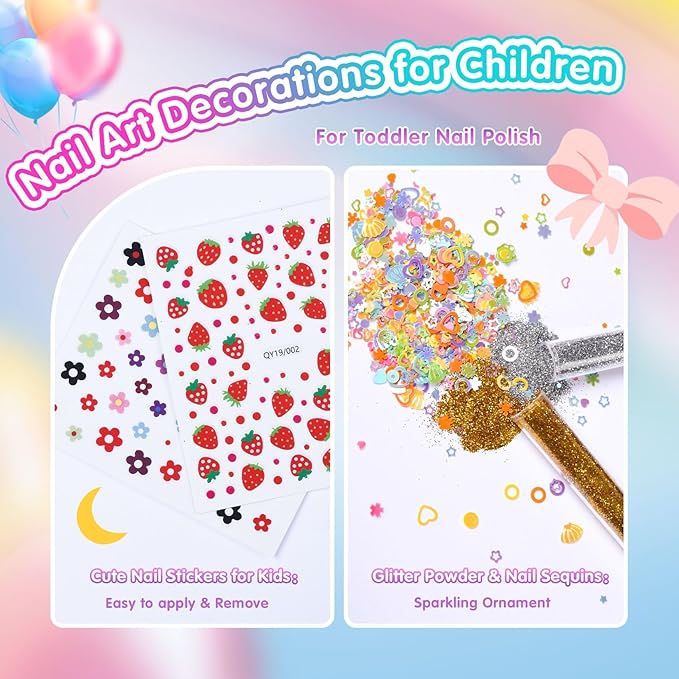 Kids Nail Art Set - Non-Toxic, Water-Based Peel-off Quick Drying Nail Polish, 6 Rainbow Colors for Kids Age 3+