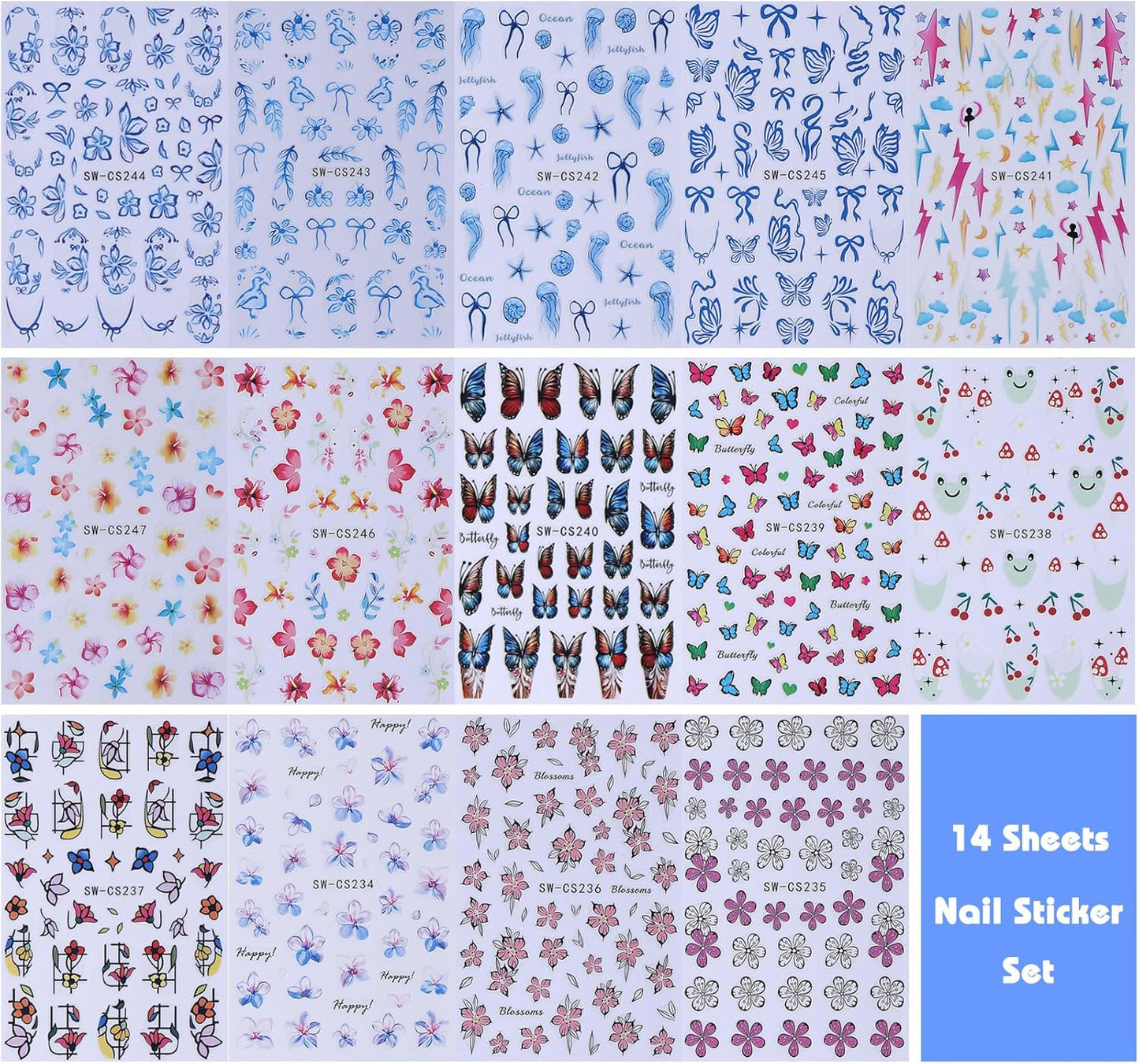 Tropical Nail Art Stickers Decals 14 PCS 3D Blue Flower Jellyfish Nail Art Designs Hibiscus Butterfly Geometry Stickers Colorful Charms Nails Supplies Self Adhesive Summer Manicure Decor