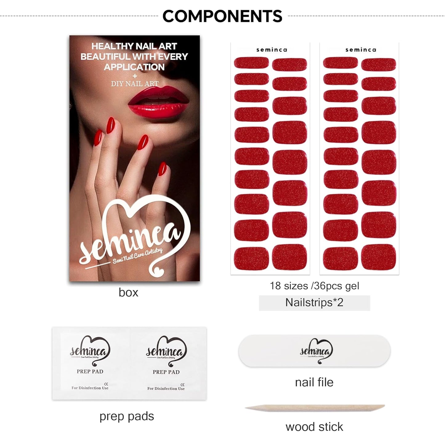 Semi Cured Gel Nail Strips(Red Fine Glitter), UV Light Required, Salon Quality, Easy to Apply & Remove, DIY Nail Art Kits for Women at Home