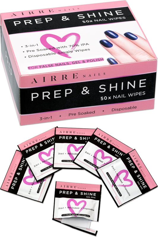 AIRRE 50 Professional Alcohol Prep & Shine Nail Wipes (3in1) Alcohol Wipes for Gel Nails, Acrylic Nails, Press-On Nails & Tips. Removes Sticky Gel Layer Residue, Preps UV/LED Gel Polish & False Nails