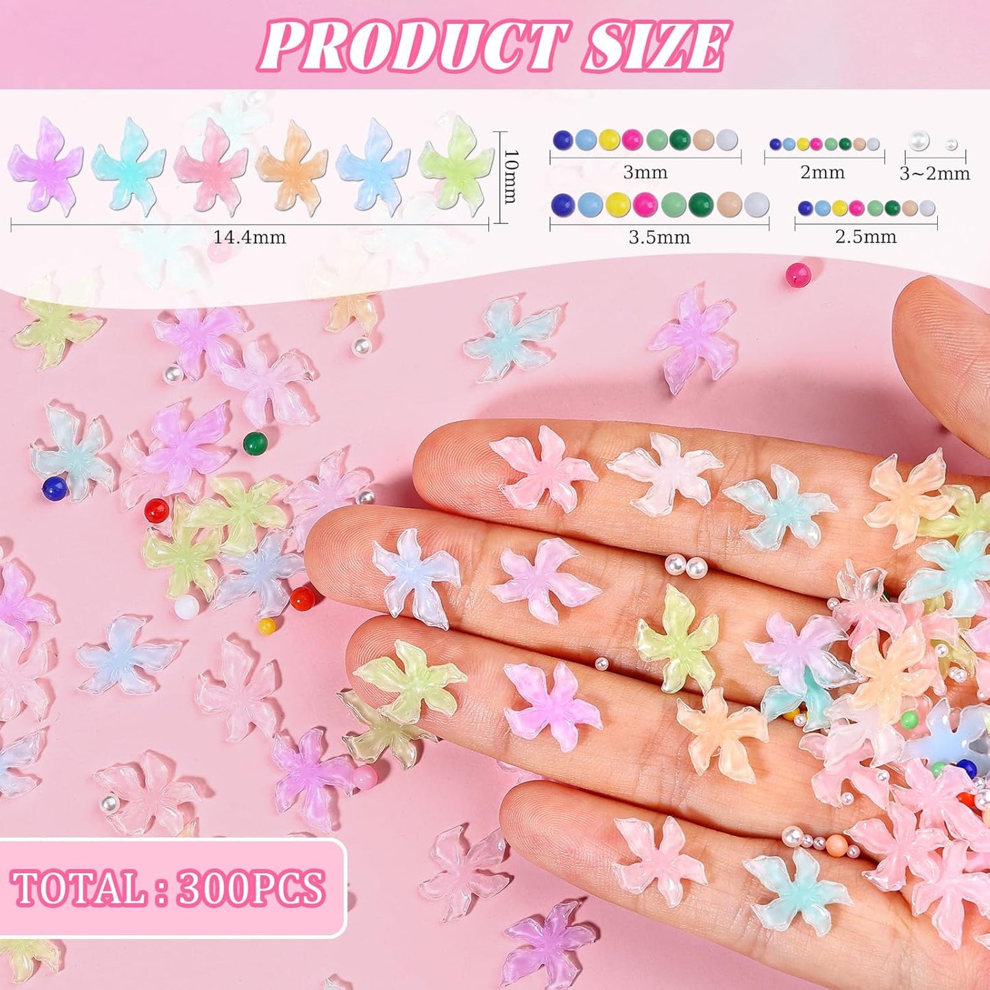 300Pcs Flower Nail Charms Kit, 100Pcs 3D Embossed Hawaii Floral Charms and 100Pcs Nail Pearls with 100Pcs Macaron Beads, Colorful Hibiscus Summer Flowers Mini Gems Round Beads for Nails DIY