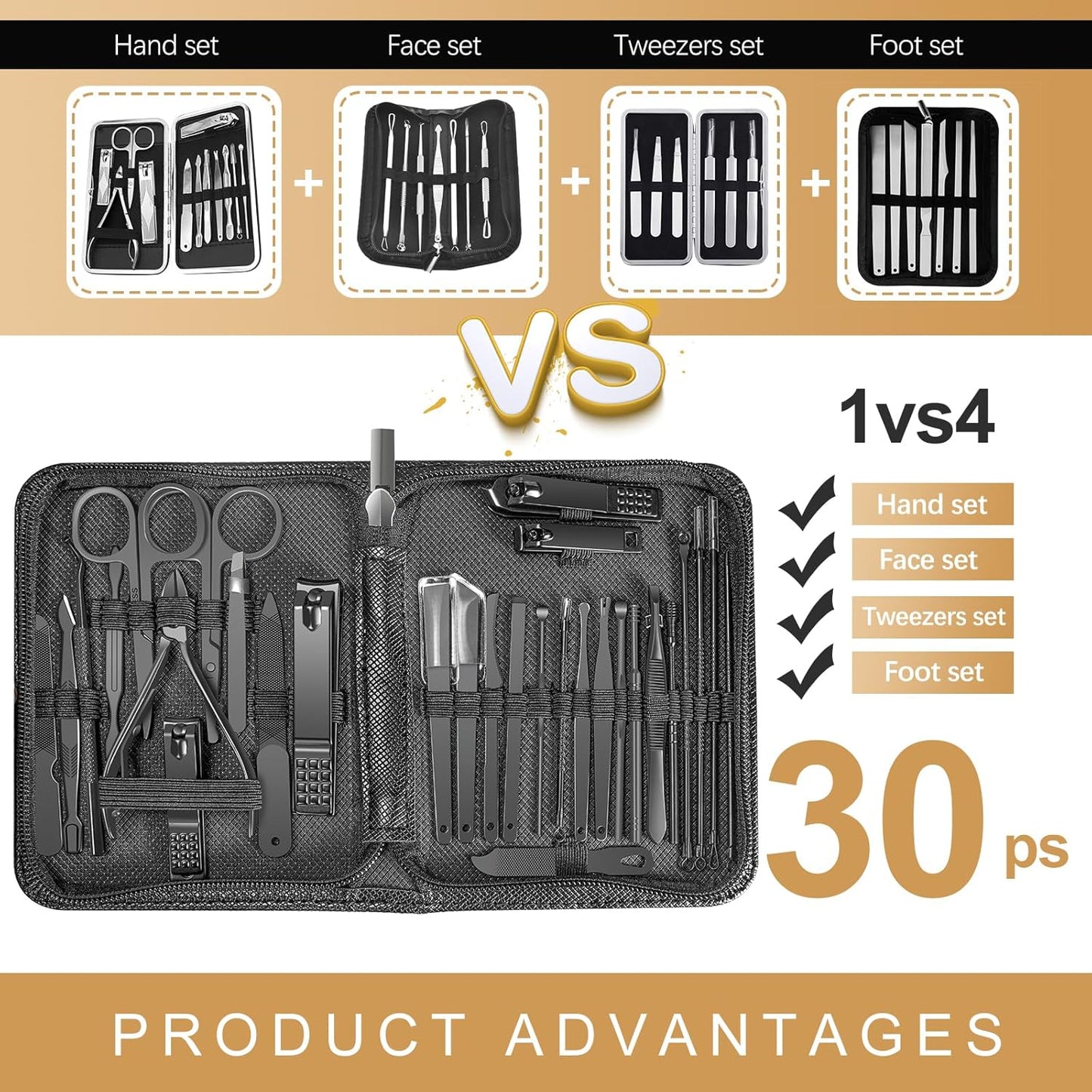 Manicure Set 30 in 1 Nail Clipper Set,RedFlow Nail Clippers,Fingernail & Toenail Clippers,Manicure Tools,Pedicure Tools,Suitable for Travel Manicure Kit (A-Black)
