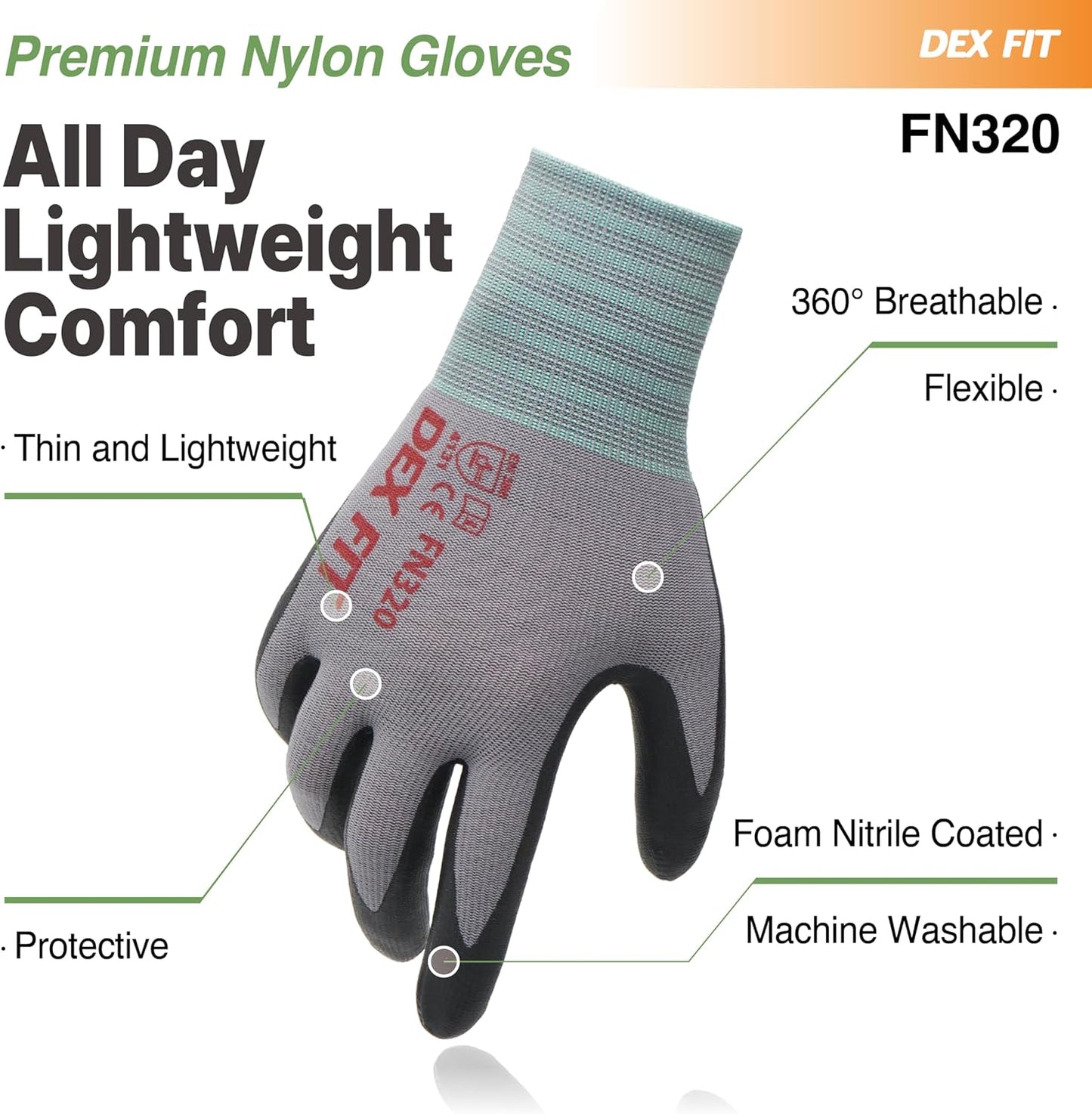 DEX FIT Premium Nylon Nitrile Work Gloves FN320, 12 Pairs, 3D-Comfort Stretchy Fit, Firm Grip, Thin & Lightweight, Durable, Breathable & Cool, Machine Washable; Grey 9 (L)