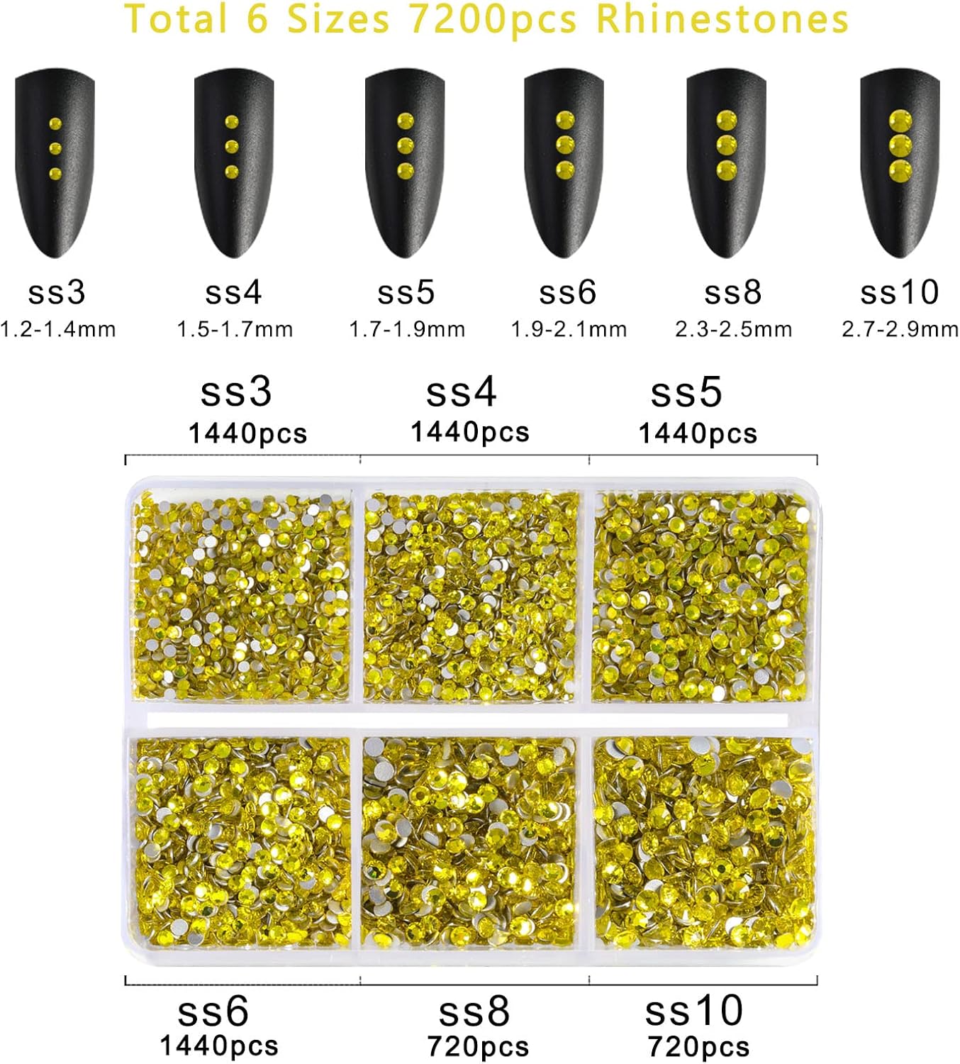 Beadsland 7200pcs Flatback Rhinestones,Yellow Rhinestone Nail Gems Round Crystal Rhinestones for Crafts,Mixed 6 Sizes with Wax Pencil Kit, SS3-SS10,Citrine/Lemon Yellow