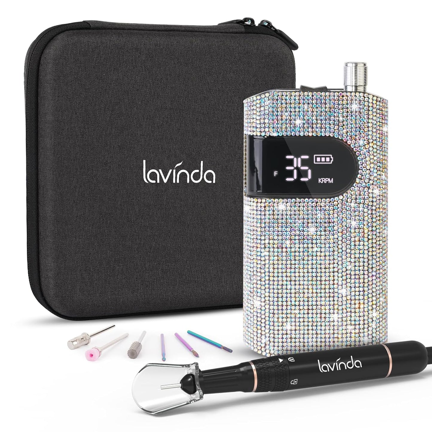 Professional Rechargeable Nail Drill Machine, Lavinda Diamond 35000RPM Electric Nail File Cordless Portable Nail Drill with Coreless Motor for Acrylic Nails, Manicure Pedicure Tool, Crystal Diamond