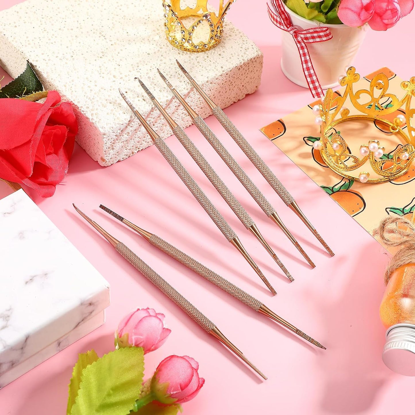 Mudder 6 Pack Ingrown Toenail Files Double Sided Toenail Lifters One Side Flat and One Side Curved Stainless Steel Manicure Treatment Removal Pedicure Tools for Feet Under Nail Cleaner (Rose Gold)