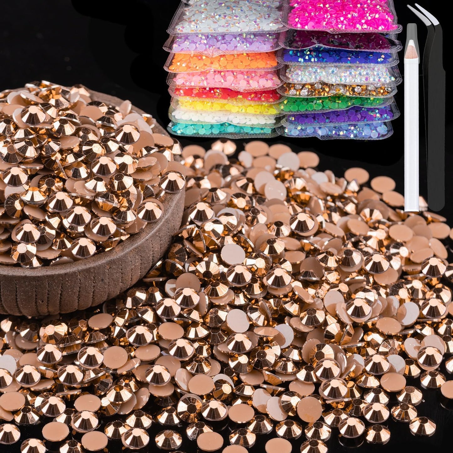 2000pcs 6mm Resin Rhinestones Bulk, Champagne Flatback Round Jelly Rhinestones Non Hotfix Crystal Gems Large Quantity Wholesale for DIY Crafts Clothes Face Makeup Manicure