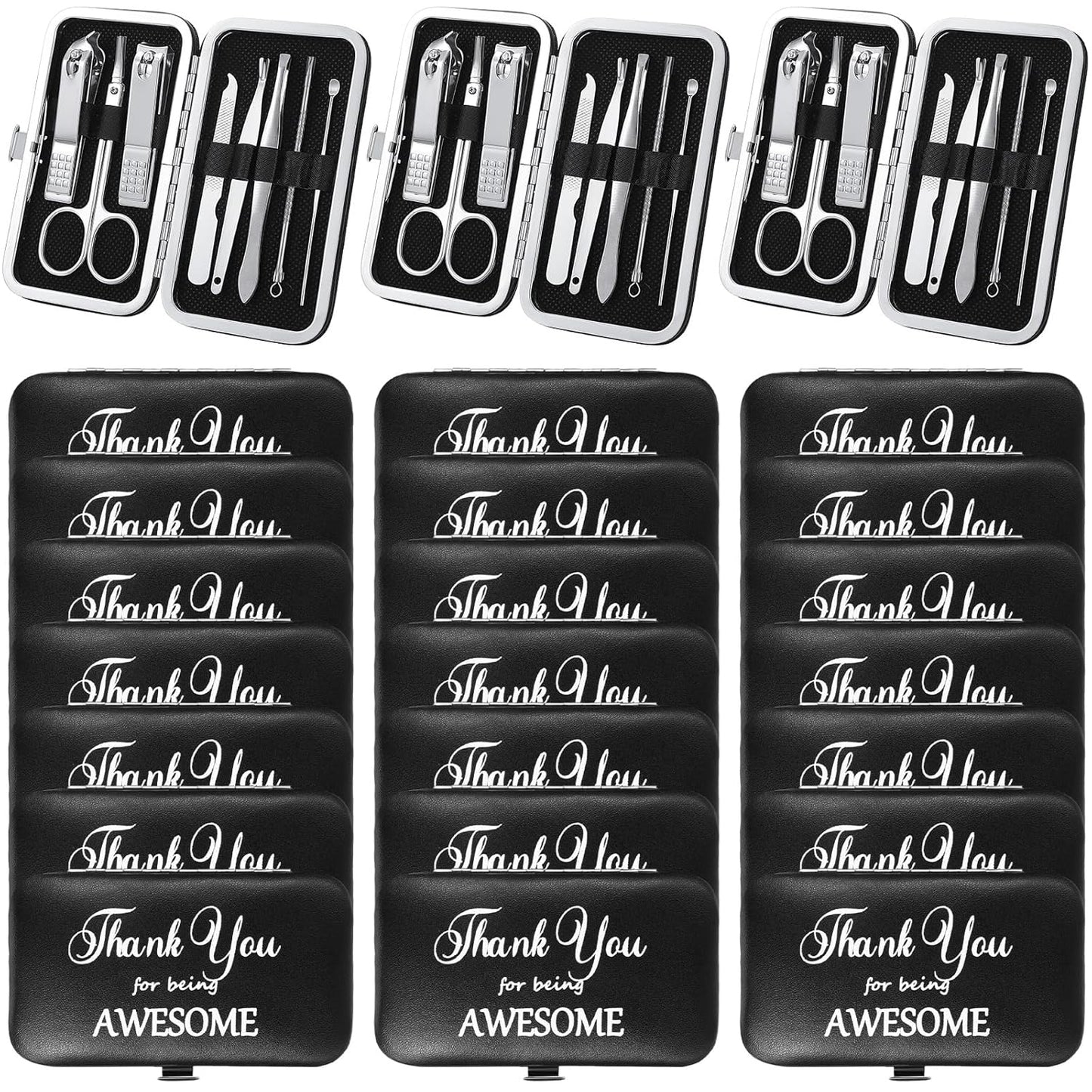 Therwen 24 Sets Manicure Set Nail Clippers 8 in 1 Stainless Steel Grooming Nail Kit Thank You Appreciation Gift Professional Pedicure Tool for Men Women Personal Care(Black)