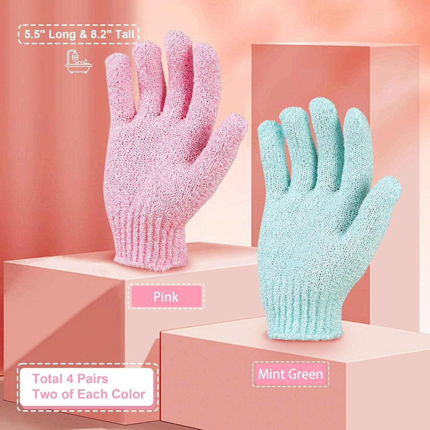 Exfoliating Glove, Exfoliation Mitt, Exfoliating Gloves, 4 Pairs, Pink&Green