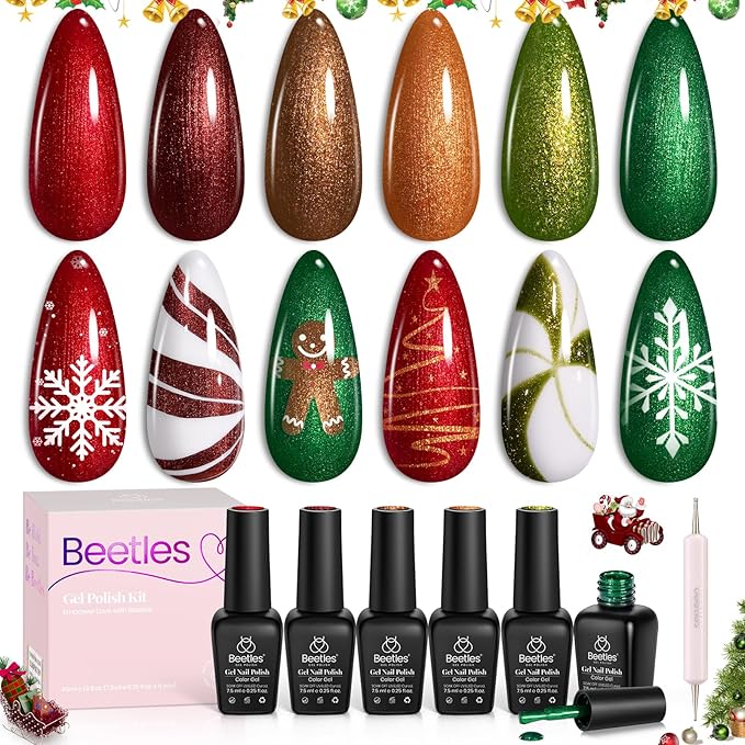 beetles Glitter Gel Nail Polish Set, 6 Colors Glitter Brown Orange Red Green Colors Christmas Nail Drawing Swirl Shell Thread Effect Gel Polish Kit Soak Off Led UV Nail