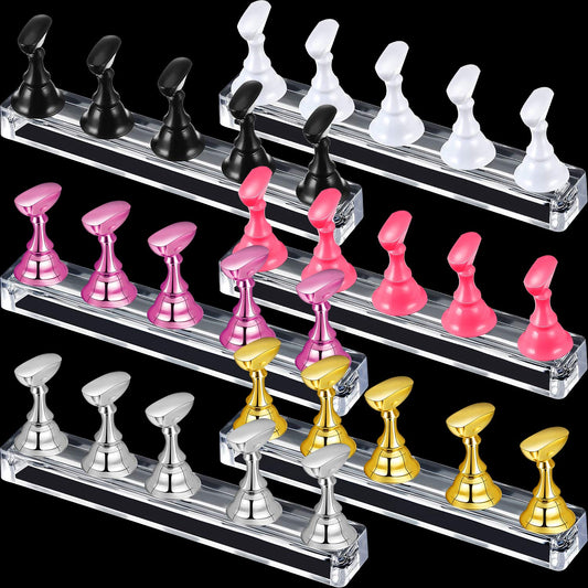 6 Sets Magnetic Nail Tip Display Holder Acrylic Display Stand Nail Tip Practice Art Training Stand for DIY Manicure Fingernail Salon(Gold, Silver, Light Pink, Black, White, Pink)