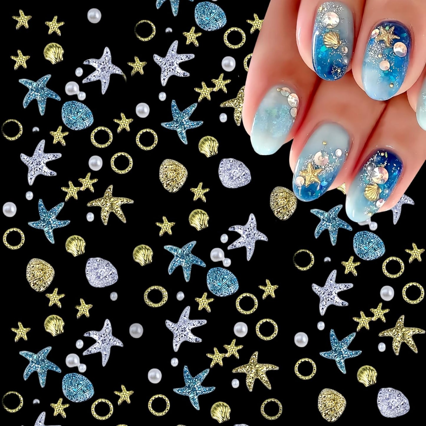 100Pcs Summer Starfish Nail Charms Pearls Seashell Starfish Gold Nail Rhinestones Ocean Theme Design Nail Gems 3D Nail Steel Studs Silver Blue Shell Nail Supplies Summer Beach DIY Crafts Nail Decor