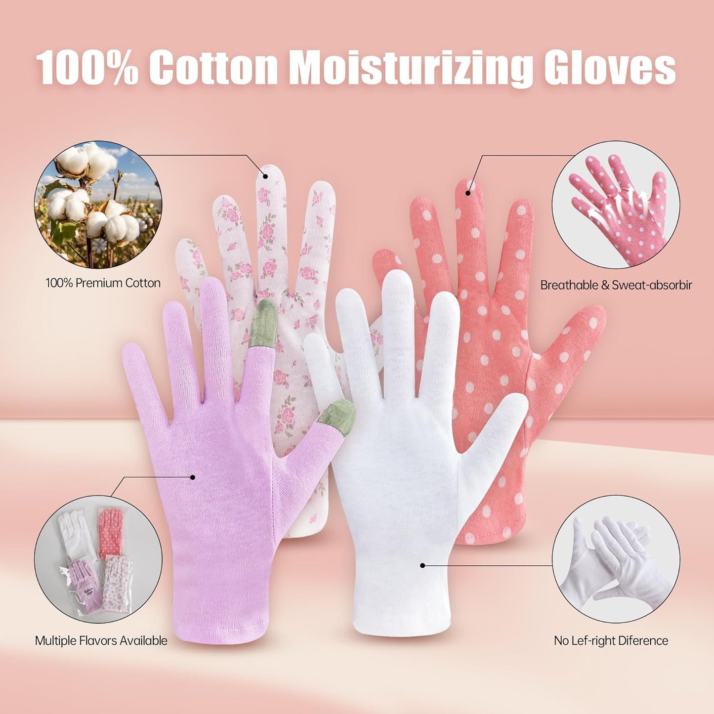 HandLove Premium 100% Cotton Gloves | Moisturizing Gloves for Dry Hands & Eczema | Overnight Sleeping Gloves, Eczema Gloves | Cute Pink Dots, 12 Pairs