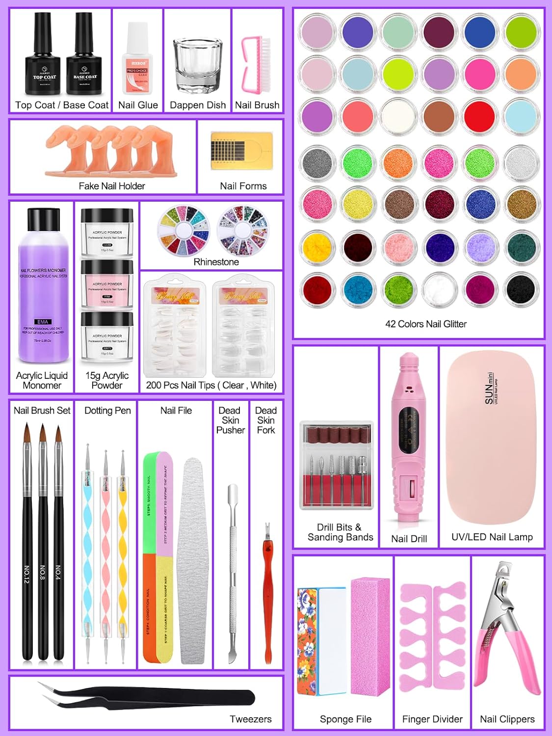 Quaferen Professional Acrylic Nail Kit for Beginners - 42 Colors Glitter Powder, Liquid, UV Light, Drill, Practice Finger Nail Bag Organizer Case