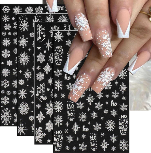 JMEOWIO 8 Sheets Christmas Glitter Nail Art Stickers Decals Self-Adhesive Pegatinas Uñas White Snowflake Xmas Winter Holiday Cute Nail Supplies Nail Art Design Decoration Accessories
