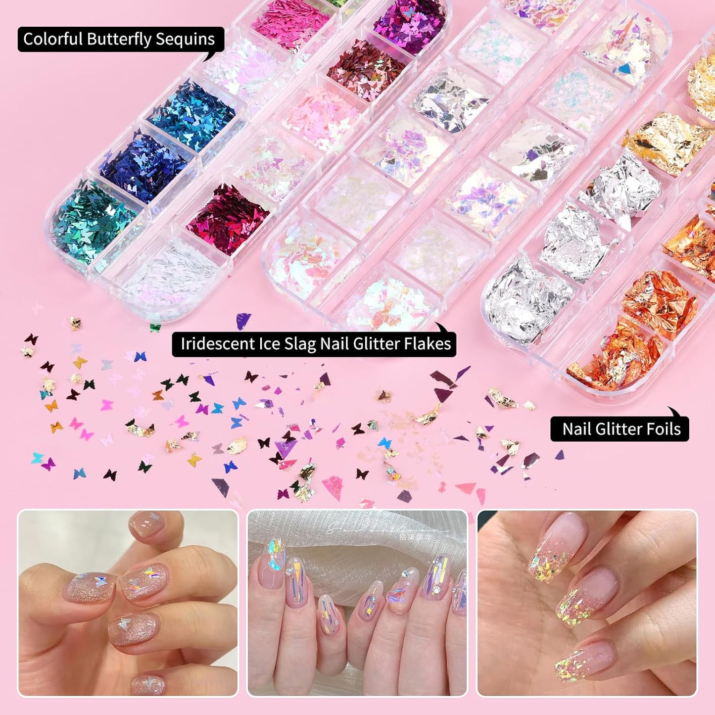 10 Boxes Nail Art Kit, Colorful Glass Nail Rhinestones, 2-6mm White Flatback Pearls, 3D Gold Studs Holographic Foil Flakes and Iridescent Glitter Sequins with Tweezers Brush