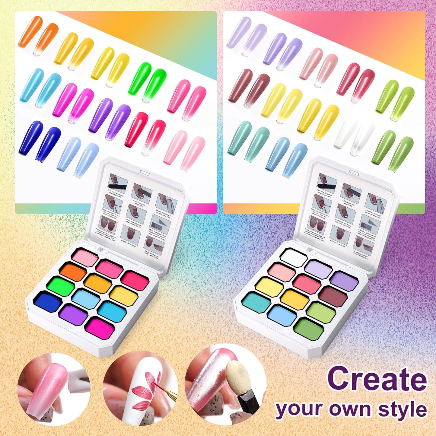 Gradient Painting Gel Set, 24 Bright Pink Neon&Almond Nude Colors Ombre Gel Nail Polish for Pigment Pat Nail Gel Kit, Silky Texture, French Manicure DIY Nail Art, No-wipe Soak of UV