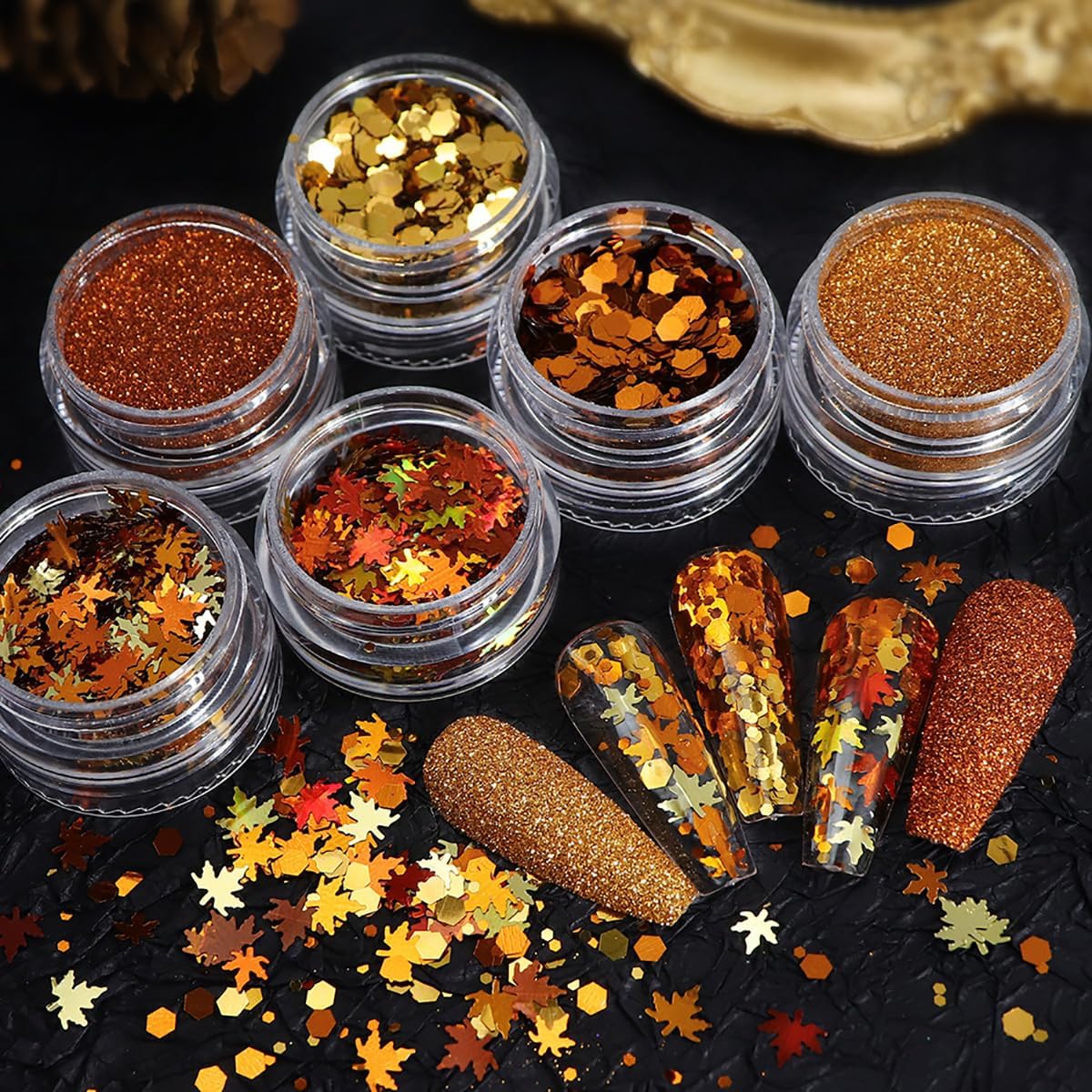 Golden Fall Nail Art Glitters Maple Leaf Nail Sequins Autumn Leaves Nail Decoration Accessories 3D Maple Leaves Nail Decals Professional Fall Nail Designs for Women Manicure DIY 6 Jars