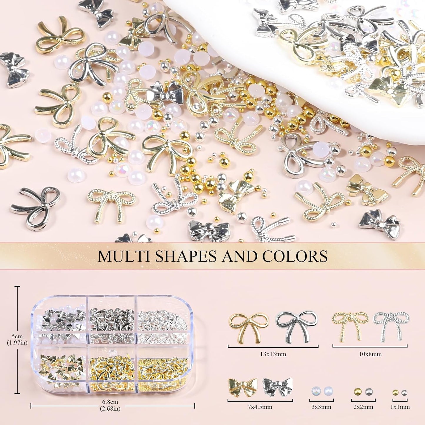 3D Metal Bowknot & AB Pearl and Mini Beads Nail Art Kit - Gold/Silver Alloy Bowknot, 1-2mm Stainless Steel Caviar Beads, 3mm Half Pearls for Professional Salon & DIY Manicure Jewelry Designs (Set 5)